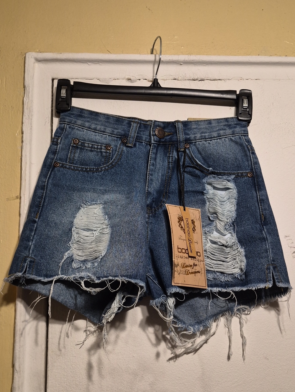 Boohoo Wear Distressed Blue Denim Jean Shorts with Frayed Hem SZ 8